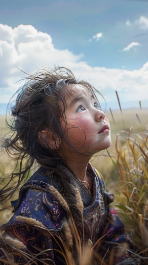 藏族小姑娘向上看经筒，背景大草原，提现出来广阔无垠