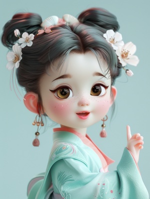 A super cute little girl with big eyes, small nose, red lips, round head, figure bangs, flower hair accessories, flower earrings, wearing light cyan Hanfu, super textured skin, stretching out her right hand to make a V gesture, Light cyan simple background, soft lines, Disney style, 3d rendering, panorama, distant view niji 6 ar 3:4