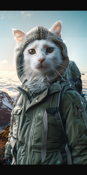 一个超逼真的 GoPro 自拍照，是穿着夹克的芒奇金长腿白猫，在前面自拍，戴着可爱的帽子，对着相机灿烂地微笑，背着徒步旅行背包，穿着徒步服装，在山顶拍摄，是一部数字杰作，以令人惊叹的身体镜头为特色，在注入光环般色彩的背景中。拥有惊人的 2000 万像素，在令人惊叹的 8K 分辨率下实现了一种怪异的逼真现实，全部由虚幻引擎和 Octane 渲染提供动力。其复杂的细节和耀眼的神圣几何创造了一种宏伟的体验，一种生动活泼的描绘，逼真，8K，自然采光，HDR，高分辨率，在 IMAX 激光上拍摄，复杂的细节