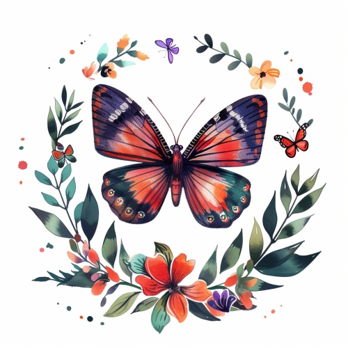 彩色系的蝴蝶被花环包围着 插画风格 白底