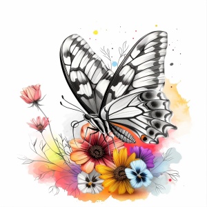 黑白色系的蝴蝶站在彩色的花上 插画风格 白底