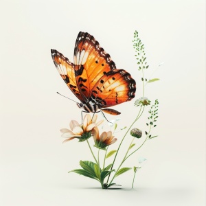 橘色系的蝴蝶站在花上 插画风格 白底