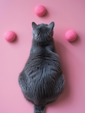 一张可爱的猫背对相机的照片，坐在排成一行的三个粉色透明圆圈的顶部。灰色的毛茸茸的尾巴绕着它的身体卷曲，给人的印象是在它的头下面没有给我留下空间。从上方。 纵横比 97:128 。