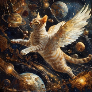 长翅膀的猫猫带着主人在 太空飞翔 畅想宇宙神奇 遇到各国新奇好玩的事物 二次元画风