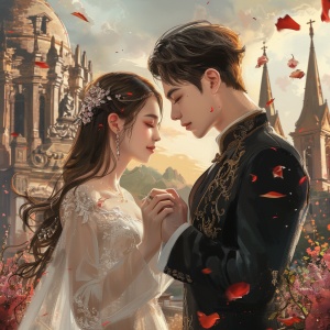 The cover of the novel showcases a historical church, its ancient stone walls and pointed roof standing against a serene backdrop. A handsome Chinese man and a stunning woman, dressed in wedding attire, exchange rings in a tender moment. Their faces reflect profound love and underlying pain, as their eyes lock in a meaningful gaze.Symbolic elements like broken hearts, intertwined vines, and falling rose petals enhance the emotional drama. The cover's color palette contrasts cool tones of the church with