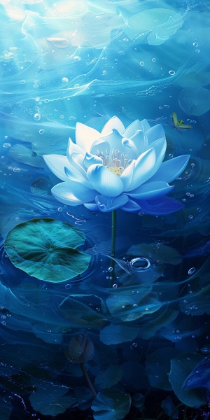 平静的蓝色大海，一朵大大的纯净透明琉璃一样的蓝色莲花缓缓绽放，发出耀眼的光芒，美好，梦幻