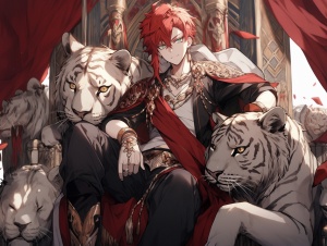 红发少年坐在王座上头戴金色王冠，左边趴着一个黑豹，右边趴着白虎，下面是尸山血海，