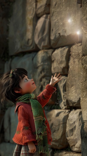 一个来自电影“耶稣是我的司机”的场景。一个小女孩穿着红色棉质夹克和绿色围巾,站在古老的石墙前面,伸出手去触摸从墙顶缝隙透射下来的阳光。孩子闭着眼睛微笑着,仿佛她发现了什么神奇的东西。这个动画以中国动画的风格呈现,使用c4d创建。