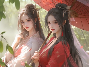 中国古代风格，2个美女，孪生姐妹，背靠背，大红色汉服，高清画质，看向镜头，半身照，衣服华美，一动一静，绝色佳人