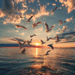 一群自由自在飞翔的海鸥，海，夕阳余晖，云，氛围感