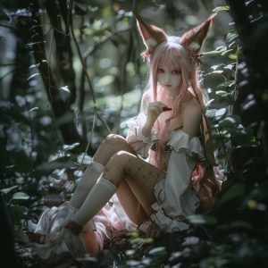 森林里，一位成人形狐妖，狐媚且魅惑，粉色头发，白色裙子