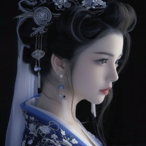 古风青花瓷，中国古代风格,身穿青花瓷连衣裙的美丽女子,长头发面对一位古老的中国美女玩偶形象,近景头部照片,动漫角色设计,黑色背景,深灰色眼睛,精致的面部特征,细腻的妆容,精心绘制的画作,三维光影,迷人的插图,精美的细节。