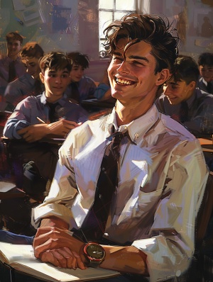 一位男高中生手里拿着课本 坐在教室里 笑着看着你 青春活力 阳光开朗