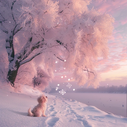 一个大大的爱心型树，挂满厚厚的白雪，树挂，雪花，一行脚印，一只小白狗仰视看爱心树，冰雪晶莹剔透，背景是粉红的天空，实景拍摄摄影