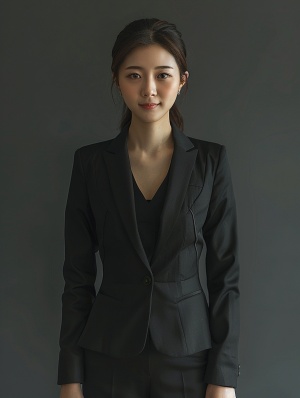 一个中国女人，穿黑色西装，面对镜头微笑，肖像，全身照，自然光线，证件照摄影