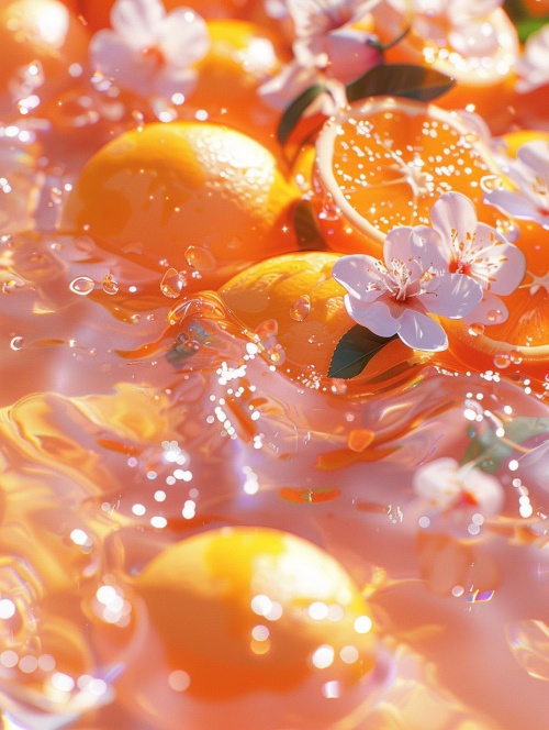 橙子和水的照片，在浅橘色和黄色的风格中，动漫美学，俏皮复杂，浆果朋克，华丽的色彩，高清，