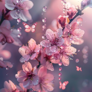 雨后的樱花花枝，露珠晶莹剔透，阳光照在花瓣上，粉色透明的蝴蝶落在花朵上，大师作品，精致画面，8k高清