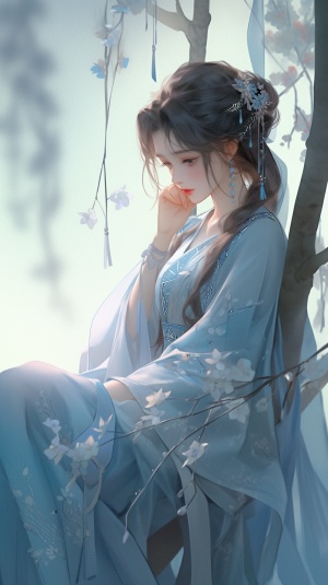 中国古代风格，小女孩，面无表情，坐在树上，穿着汉服，宽袖摆动，渐变浅蓝色，刺绣雪纺面料，刺绣花纹，优雅，梦幻，超高清，超细节，浓郁，拖放，梦幻，8k