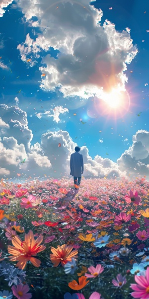 一个男人背影，站在一片花海中，天空大太阳，蓝天白云