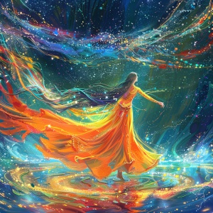 A girl in an orange dress with colorful hair, dancing gracefully under the starry sky. The long skirt flows like flowing water and shines brightly as if illuminated. The painting is in the style of a Chinese painting, with a fantasy art style. It has colorful, high resolution and high detail. The colorful background and detailed rendering are of extremely high quality in the superdetailed style. ar 32:57