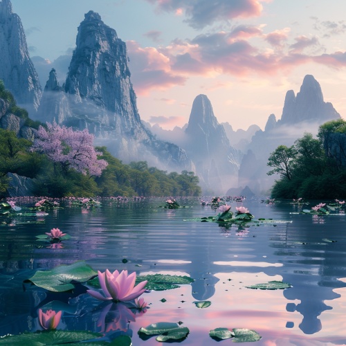 有山有水，水里有睡莲，有花有树有晨光，远镜，超高清画质，超真实。