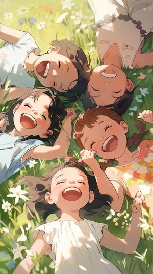 一群可爱的孩子躺在开满小花的草地上嬉笑玩闹