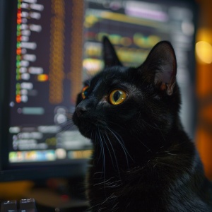 一只黑色的猫，面前有个程序面板