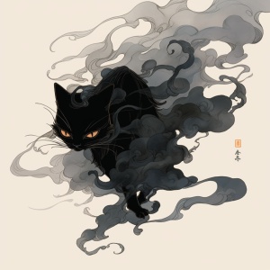 风云色变，异兽一只黑色的猫，周身围绕着黑色烟雾，，后面是三条尾巴