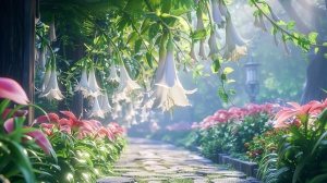 在早晨,阳光照射着悬挂在上方的白色和粉红色花朵,喇叭花，风格空灵。背景是虚化的绿植，一条石板小路从花从下经过，营造出梦幻般的氛围。超高分辨率。