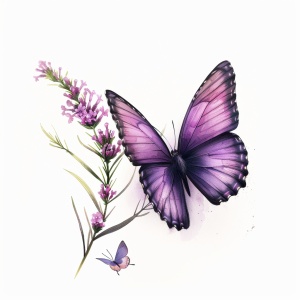 紫色系的蝴蝶站在花上 插画风格 白底
