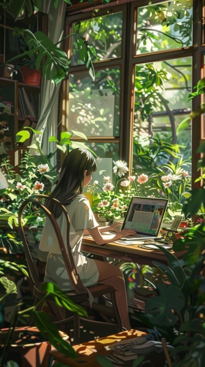 A girl is sitting at a table in front of her laptop, wearing a white short-sleeved top and long pants, with flowers blooming outside an open window, surrounded by green plants. The scene has an anime style, with flat illustrations and high-definition details. The artwork is in the style of anime. ar 64:85