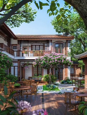 中国农村的美丽房子,有两层楼和红砖墙,屋顶是瓦片。院子被绿树、桌椅、木地板装饰,一楼有一大片开阔空间用于休闲活动,晴朗天空下五颜六色的花朵盛开，风景写实风格，真实拍摄效果