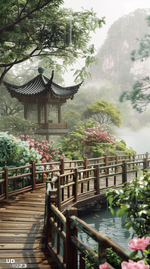The bridge in the garden is surrounded by flowers, and there is an ancient pavilion on one side of it. The background features misty rain, with a nearby lake reflecting the clouds and sky. On both sides of the wooden guardrail path stand lush trees, creating a peaceful atmosphere. A high definition mobile phone wallpaper captures this beautiful scene. It showcases a landscape painting in the style of Chinese landscape paintings, rendered using C4D software, featuring ultra high definition resolution and a r