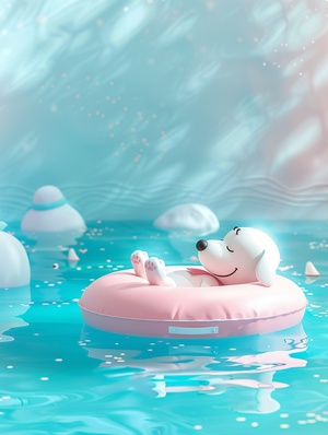 Snoopy&Woodstock lying on a light pink inflatable ring floating in blue water, in the real photo style, cute and dreamy, colorful animated stills, poolcore, light cyan and white, in the style of oshare kei, kawaii aesthetic, high resolution