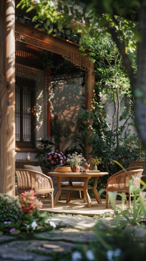 一个带有藤椅、木制桌子和中央咖啡桌的小院子,位于户外花园景观的中间。房屋周围环绕着树木和花卉,营造出一个宁静的氛围。周围还有一些绿植。它具有中式建筑和家具的特点,以及自然照明效果。真实拍摄效果，中式风格