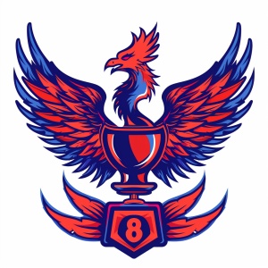 代表8班的足球队队徽，有展翅的鲲鹏，有翱翔的凤凰，有代表胜利的奖杯，蓝红配色，简约时尚，足球元素