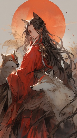 中国古代明代风格，红衣男子，黑色长发，九尾红狐，月色朦胧，自然的光亮