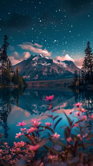 夜色的天空下，湖边景色宜人，前景有粉色的花