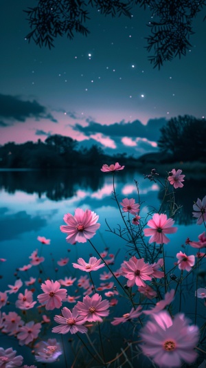 夜色的天空下，湖边景色宜人，前景有粉色的花