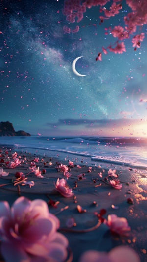 The picture is transparent, a silvery white big crescent is scattered on the beach with the Milky Way stars, there are many fuchsia and blue peaches floating on the beach, fuchsia and blue peach blossoms, many fuchsia and blue Peaches Floating on the Sea Flower, Silver, Ultra Wide, Unreal Engine, dream,smoke,HD, ar 9:16 q 5