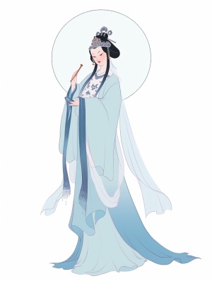 一位中国古代的女菩萨，腰部以上的半身像，女子相貌美丽，黑色的长发，头上有一些浅蓝色的头饰，发冠是浅蓝色和白色的配饰，耳朵上是浅蓝色的流苏耳坠，身穿着浅蓝色和白色相间的的中国古代衣袍。背景是一轮圆形的发光的白色月亮，整体画面鲜亮，高光，女子表情柔和，高清晰画质