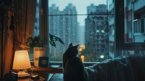 一只猫咪独自坐在沙发上望向窗外，窗外是阴郁的大都市风格，下雨，猫咪的前面有一个小书桌上面摆着台灯，，闹钟，烟缸，电影情感表达，延时摄影，夜间摄影的风格，阴暗 v 5.2