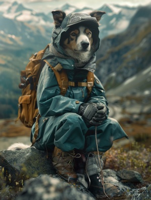 山区景色中，狗狗穿着登山服，背着背包，戴着帽子和手套。它的装备是蓝色和绿色的组合，与自然环境相协调，最高画质，最佳杰作，最高画质，高分辨率
