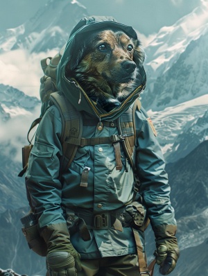 山区景色中，狗狗穿着登山服，背着背包，戴着帽子和手套。它的装备是蓝色和绿色的组合，与自然环境相协调，最高画质，最佳杰作，最高画质，高分辨率