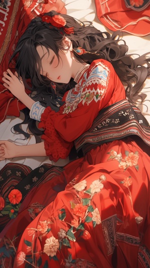 一位美丽的女孩躺在床上睡着了 身穿红色古代裙子 黑色头发散开
