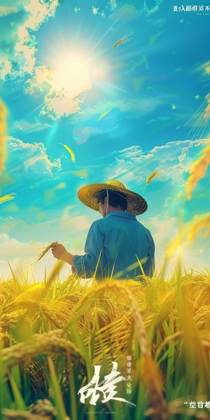 中国电影海报设计,中间是一位戴着草帽的中国农民站在金色稻田中，手扶着帽子,背景以蓝天和白云为特色,阳光照射在他身上。整体色调以黄色为主,以便在绿色稻田中突出他的形象。高分辨率、高质量、超高清，粉笔画效果。