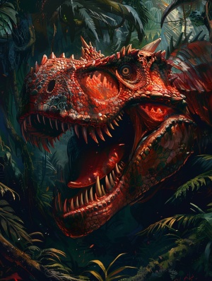利齿明显的变异恐龙，一只以食肉为主导的凶猛猛兽，身披着令人胆寒的暗红色鳞甲，完美融入了丛林深处的阴影之中。它凶狠的眼神透露着无尽的残忍，甚至暗示着隐藏在它内心深处的野性本能。
