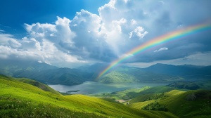 摄影风格，雨后天边的彩虹，青山绿水的风景，高分辨率