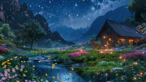 夜晚星星闪烁，农家院子周围长满五颜六色的野花，院子旁边有条小溪，小溪边很多萤火虫