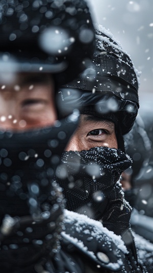 A group of Chinese soldiers wearing black thick cotton padded jackets and hats, standing in the snow with their faces covered by scarves, close up shot, depth of field effect, snowflakes falling on them, cold winter day, cinematic feel, highlighting facial expressions in the style of high-definition details and strong contrast between light and dark. ar 71:128